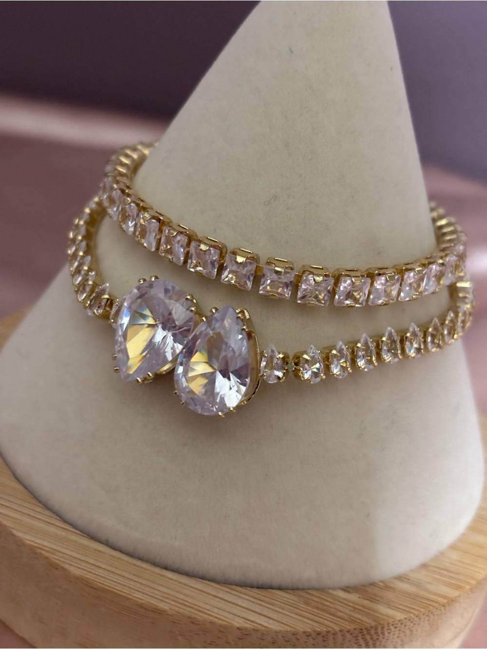 Gold-Tone Pink Crystal Teardrop Tennis Bracelet Set